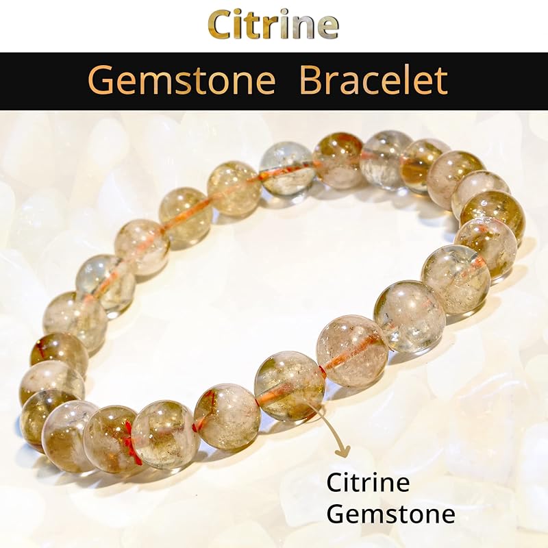 Genuine Citrine Bracelet, Healing Crystal Bracelet for Women and Men, 8mm Round Beaded Bracelet for Spiritual Healing, Protection, Positive Energy, Elastic Adjustable Size Gemstone Bead Bracelet
