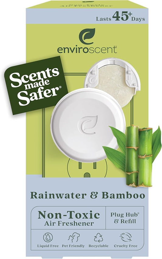 Enviroscent Non Toxic Air Freshener Plug-in Home Fragrance Last 45+ Days | Kit includes 1 Refillable Plug In Warmer & 1 Scent Refill (Rainwater & Bamboo)