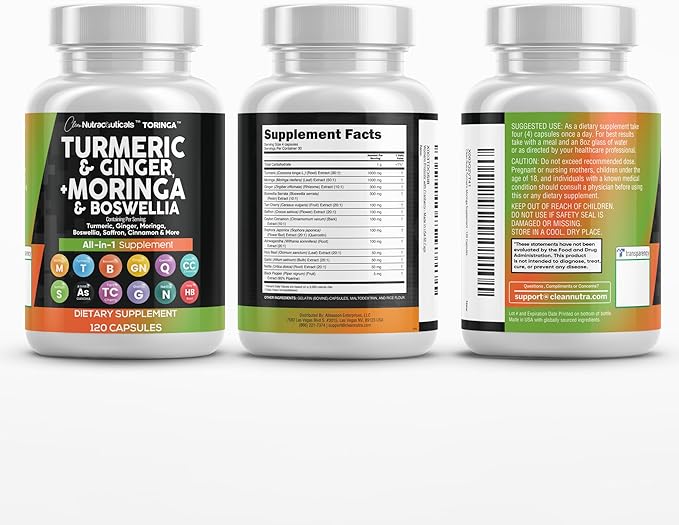 Clean Nutraceuticals Turmeric Moringa Supplement | Ginger Boswellia Saffron - Supplement for Women and Men with Ceylon Cinnamon, Tart Cherry, Quercetin Garlic Nettle Holy Basil - 1Pack