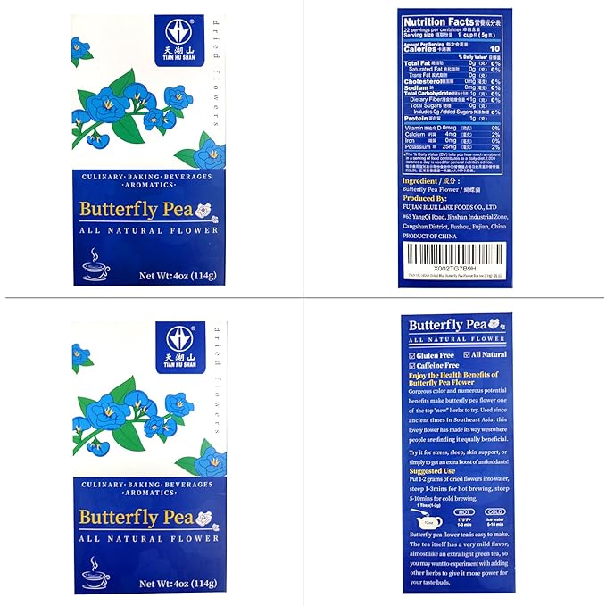 TIAN HU SHAN Butterfly Pea Flower Tea, Butterfly Pea Flowers Loose Leaf, 100% Natural Herbal Tea, 4 Ounce (Pack of 1)