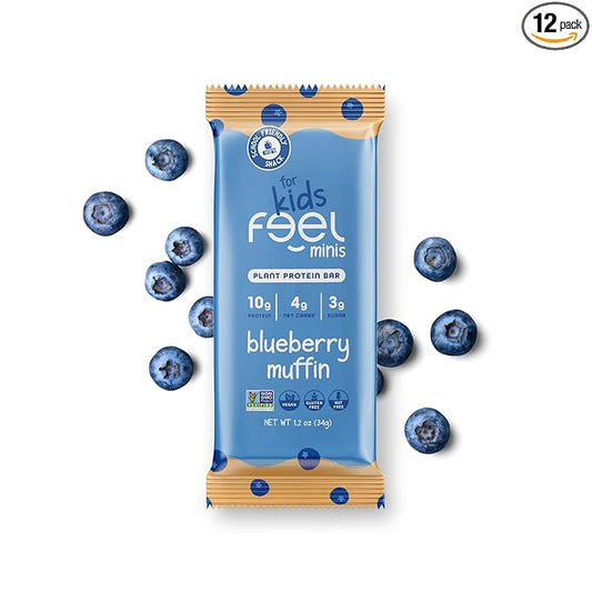 Feel Bar Minis – Kids Protein Bars | Blueberry Muffin | 10g Plant Protein | 100 Calories | No Added Sugar | + Daily Veggies | Gluten Free, No Nuts, No Soy, No Dairy, No Grains (12 Pack)