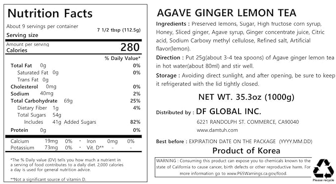 Damtuh Agave Ginger Lemon Tea – Natural Flavor, No Artificial Ingredients, Perfect for Hot or Iced Tea, Jam, or Salad Dressing – 2.2lb, 1000g (Pack of 1)