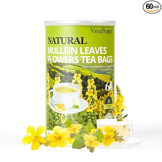 60 Mullein Leaf Tea Bags for Lungs, VitalForest 100% Pure Mullein Mullins Detox Tea, Lung Cleanse Tea for Smokers Breathe Deep and Respiratory Support, Caffeine Free Mullen Mullin
