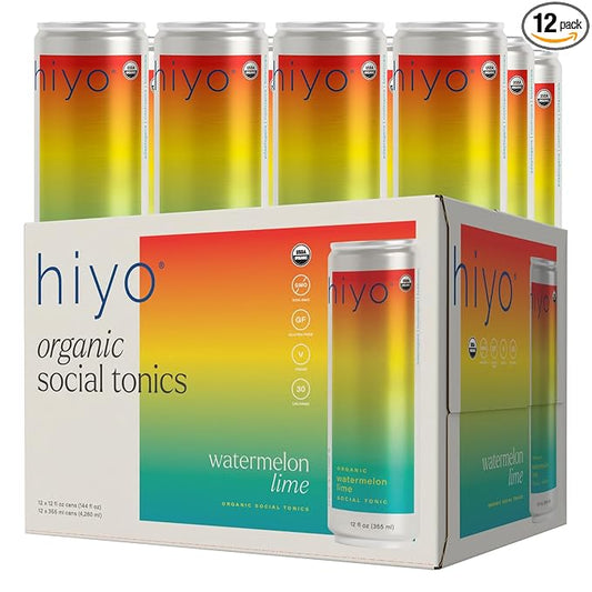 Hiyo Organic Social Tonic - Watermelon Lime, 12 Pack - N.A. Functional Seltzer, Sparkling Water Crafted with Organic Adaptogens, Nootropics & Botanicals