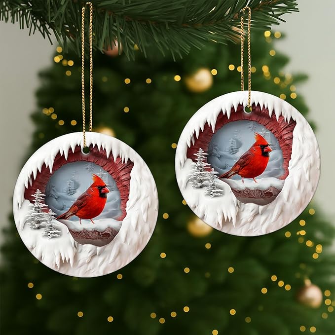 34HD Gifts for Christmas, Cardinal Ornament Ceramic 2-Side Printed, Bird Xmas Holiday Trees Decorations, Animal Memorial Gifts for Women Men Daughter