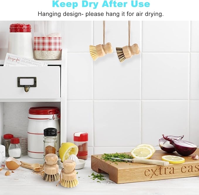 Bamboo Dish Brush Set, 2 Pcs Palm Wooden Dish Scrubber Brush, Dish Brushes, Durable Wood Dishes Scrub Brush, Natural Round Vegetable Cleaning Pots Pans Sink Washing Kitchen Brush