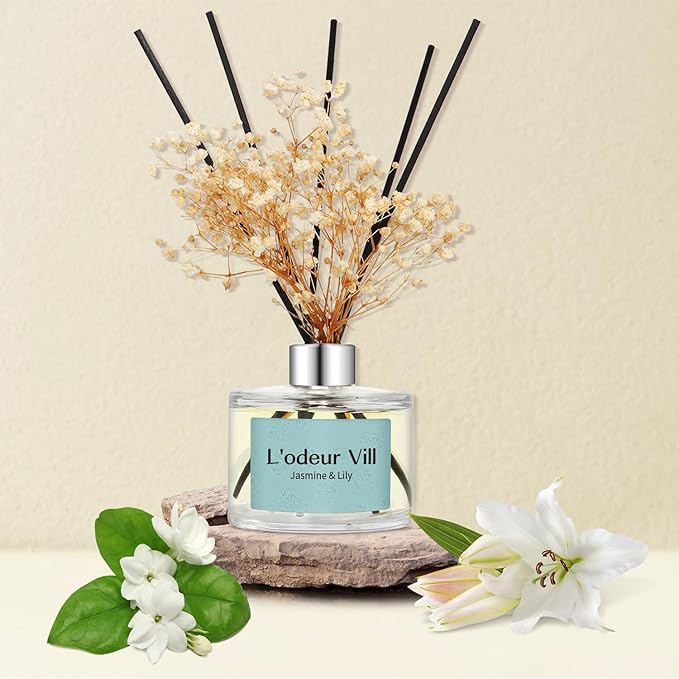 L'odeur Vill Reed Diffuser Set, 6.7 oz(200ml) Jasmine & Lily Scented Diffuser with 6 Oil Diffuser Sticks, Home Fragrance Essential Oil Reed Diffuser for Home Large Rooms Bathroom Shelf Decor