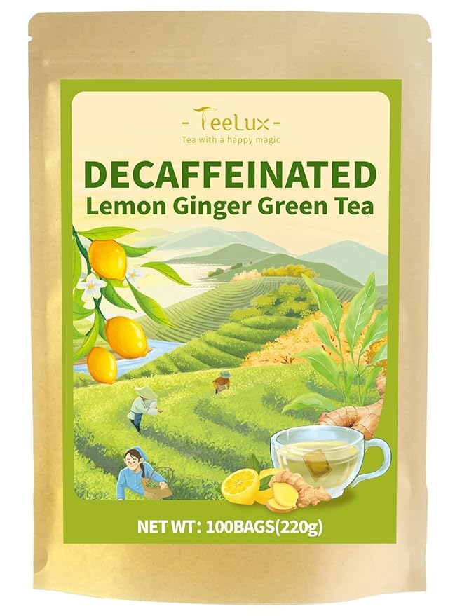 TeeLux Lemon Ginger Decaf Green Tea, Smooth Decaffeinated Green Tea with Spicy Ginger & Refreshing Natural Lemon Flavor, 100 Count