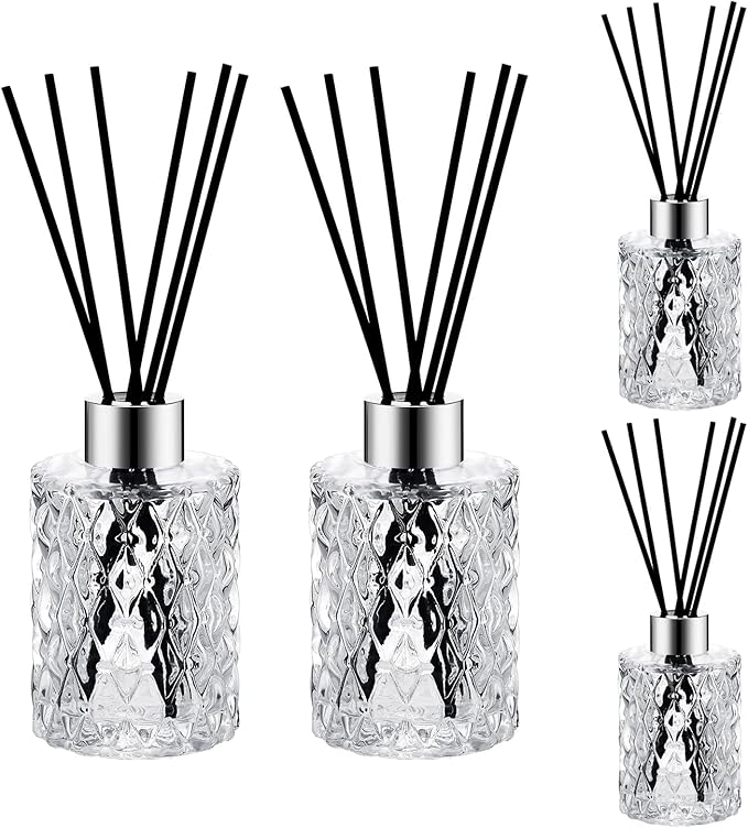Norme 4 Set Empty Reed Diffuser Bottle Set with Stick, 150ml Refillable Patterned Glass Vase with Black Rattan Reed & Cap for DIY Essential Oil, Home Fragrance, Bulk (Silver)