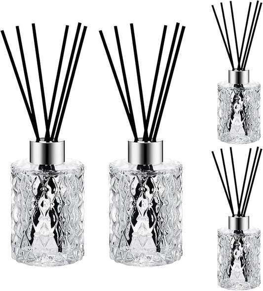 Norme 4 Set Empty Reed Diffuser Bottle Set with Stick, 150ml Refillable Patterned Glass Vase with Black Rattan Reed & Cap for DIY Essential Oil, Home Fragrance, Bulk (Silver)