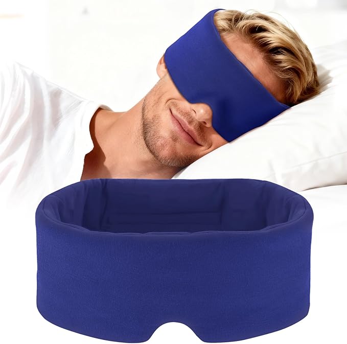 Cotton Sleep Eye Mask for Women Men, 100% Blocking Light Eye Mask Sleeping for Side Sleeper, Soft Zero Pressure Cooling Blackout Eye Covers for Sleeping, Sleep Mask fits All Heads Adjustable（Blue）