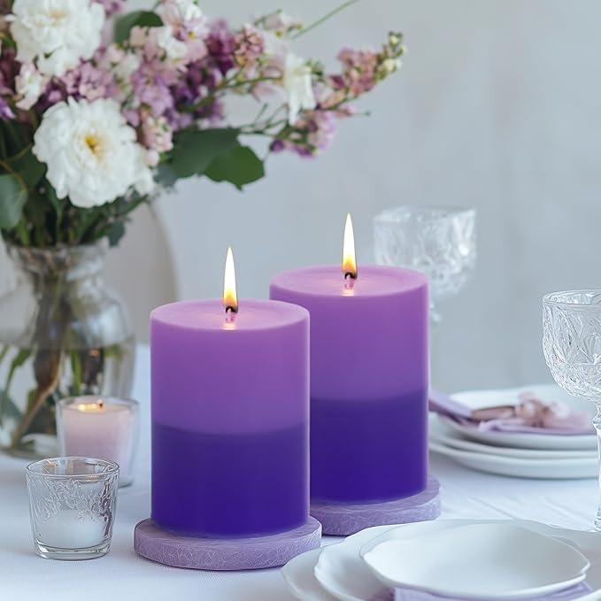 KONNI Purple Layered Pillar Candles Set of 3, 3"x 4" Unscented Pillar Candles Bulk, 39 Hours Long Burning Candles, Smokeless&Dripless Large Round Candle for Wedding, Home Decoration, Parties, Dinner
