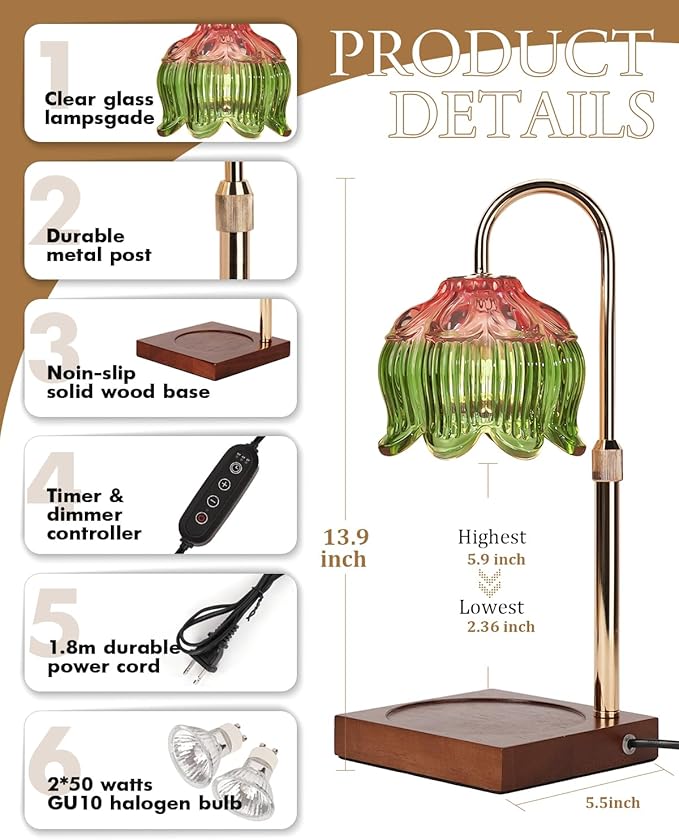Candle Warmer Lamp with Timer Dimmable, Height Adjustable Birthday Gifts for Women Mom House Warming, Home Decor, Lotus Flower Candle Lamp Warmer 2 Bulbs Inc (Pink Green)