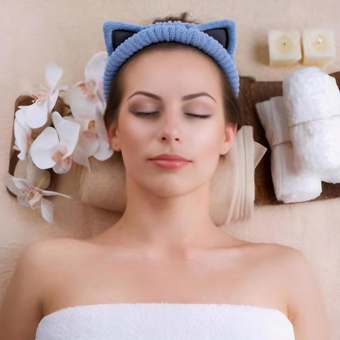 2 Pcs Cat Ears Headband, Cute Spa Headbands for Washing Face Skincare Makeup Headbands for Women Girls Trendy Stuff Present Soft Coral Fleece Hair Accessories(Blue Red)