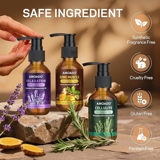 Massage Oil for Massage Therapy, Sore Muscle Massage Oils – 10.5oz, Arnica Oil,Anti Cellulite Eucalyptus,Lavender Essential Oils, Pain Relief & Spa-Quality Relaxation, Body Massage Oil Gifts Set