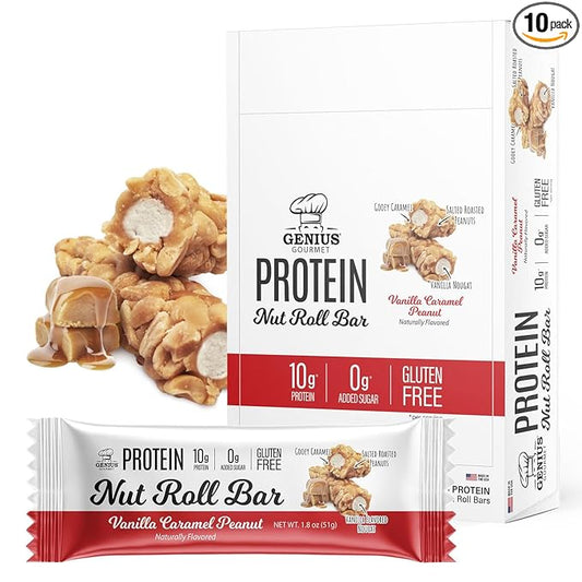 Genius Gourmet Nut Roll Bars Vanilla Caramel Peanut – 10g Protien, Zero Added Sugar, Gluten Free, Non-GMO – Sweet Snack & Dessert for Adults and Kids – 10 Ct Box