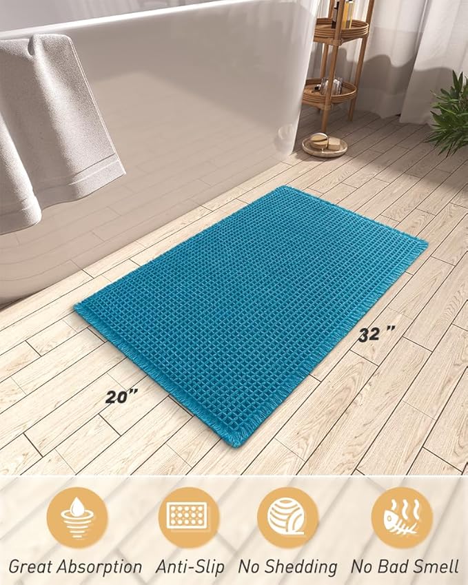 AMOAMI Upgraded Waffle Bath Mat, Super Absorbent Non Slip Bath Mats for Bathroom Floor, Machine Washable Bathroom Rugs with Tassels, Rubber Backed Bathroom Mats, Ultra Soft, 20" x 32", Teal