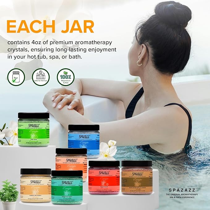 Hot Tub & Spa Bath Salt Aromatherapy Crystals - Spazazz Escape Collection 4 Oz 7-Pack Sampler & Hot Cold Towel - Lavender, Lime Coconut, Green Tea, Vanilla Jasmine, Kiwi Pear, Grapefruit, Pomegranate