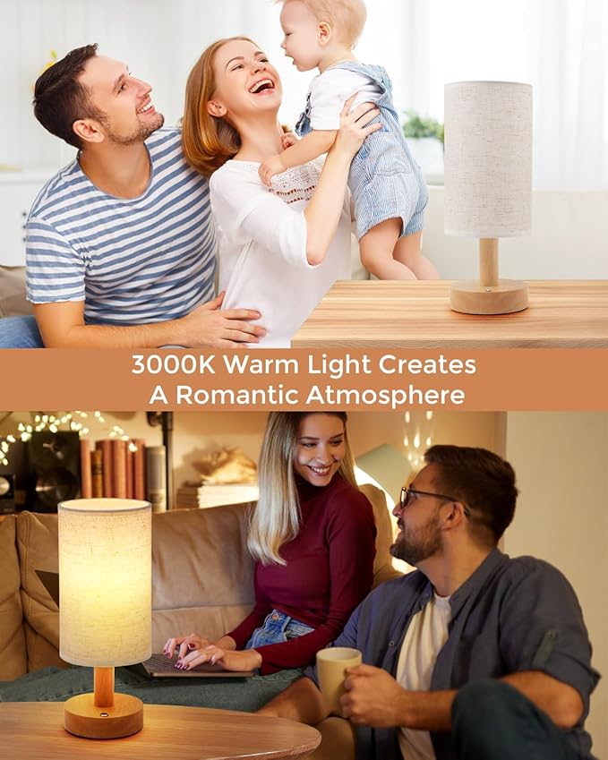 Cordless Table Lamp, 2200mAh Battery Operated Desk Lamp, Touch Bedside Lamps for Night Stands, Warm Light Mini Boho Lamp, Wood Base Round Flaxen Fabric Shade for Living Room,LED Bulb Included (Beige)
