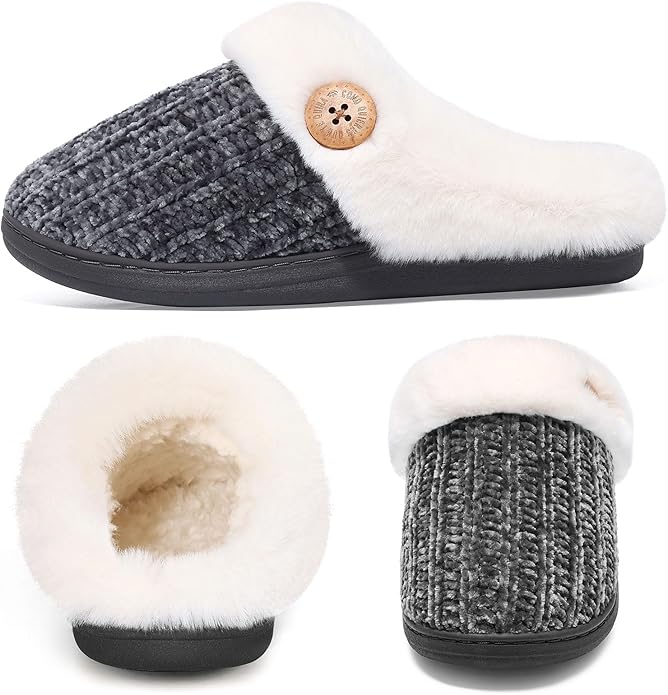 Evshine Warm Knit House Slippers for Women Comfy Wool-Like Lined Chenille Slippers with Memory Foam and Indoor Outdoor Soles