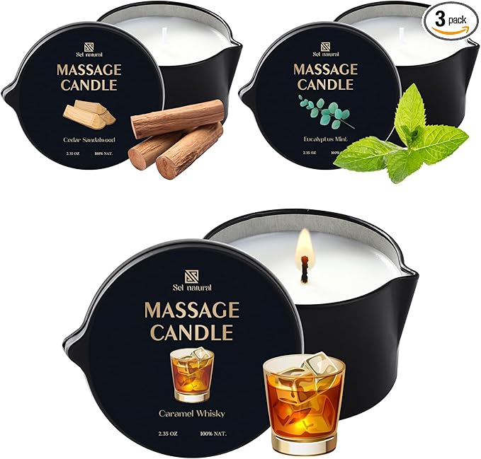 3 Pack Soy Massage Oil Candles Low Temp Massage Candles 3 Scent Spa Therapy Body Oil Home Gift for Relaxation, Couples, or Self-Care (Eucalyptus Mint, Cedar Sandalwood, Caramel Whisky)
