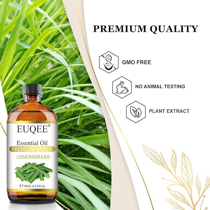 EUQEE Lemongrass Essential Oil 118ml Premium Lemongrass Oil with Glass Dropper, Great for Diffuser, Candle Making - 4Fl. Oz