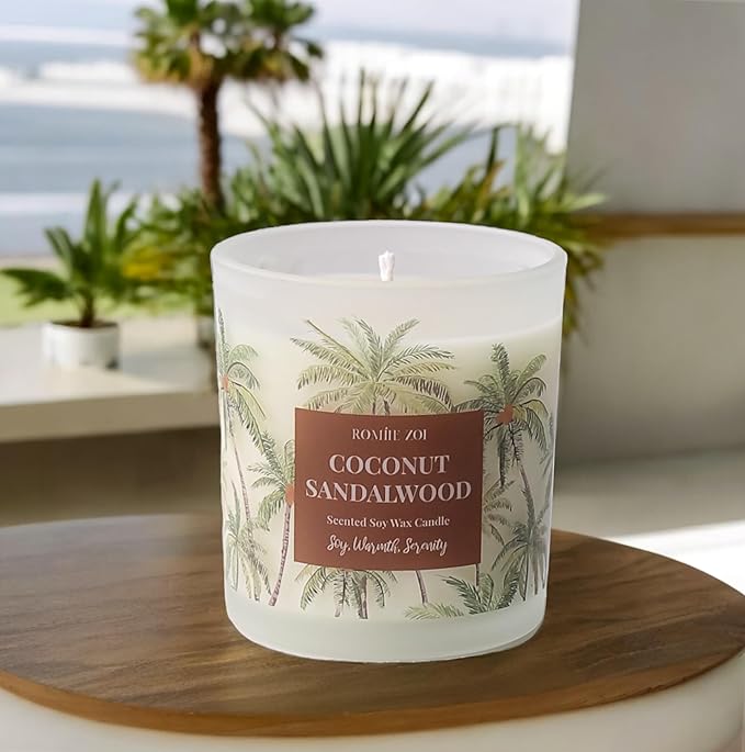 ROMIIE ZOI Coconut & Sandalwood Scented Candle - 6oz Soy Wax Candle for Home Scented, Stress Relief Candle Gifts for Women/Men