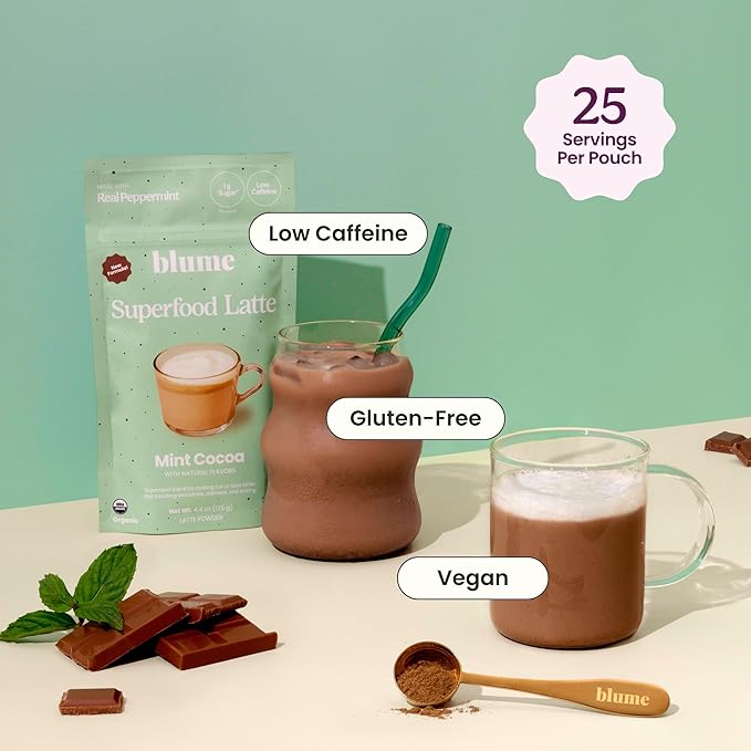 Blume Mint Cocoa Blend - Superfoods latte with Brain Boosting Adaptogen Organic Cacao - Keto Friendly & Vegan Hot Chocolate - 25 Servings