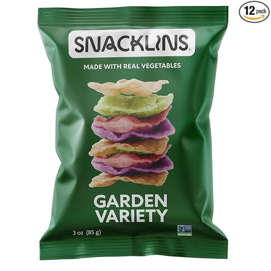 SNACKLINS Plant Based Crisps - Garden Variety - Vegan Healthy Snacks - Gluten Free, Grain Free, Plant Based Crisps, 100% Kosher For Passover, Low Calorie - No Added Sugar, Crunchy, Puffed Snack - 3oz Bag (Case Of 12)