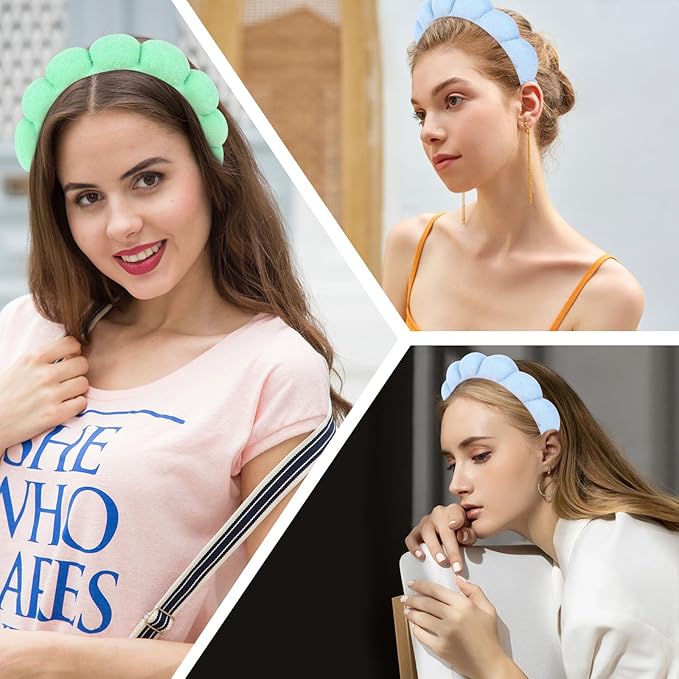 AMCAMI Puffy Spa Headband for Women Sponge Headbands for Girls 2 PCS Terry Towel Cloth Fabric Head Band for Skincare,Makeup Removal,Face Washing,Facial Mask,Shower,Hair Accessories（Blue&Light Green）