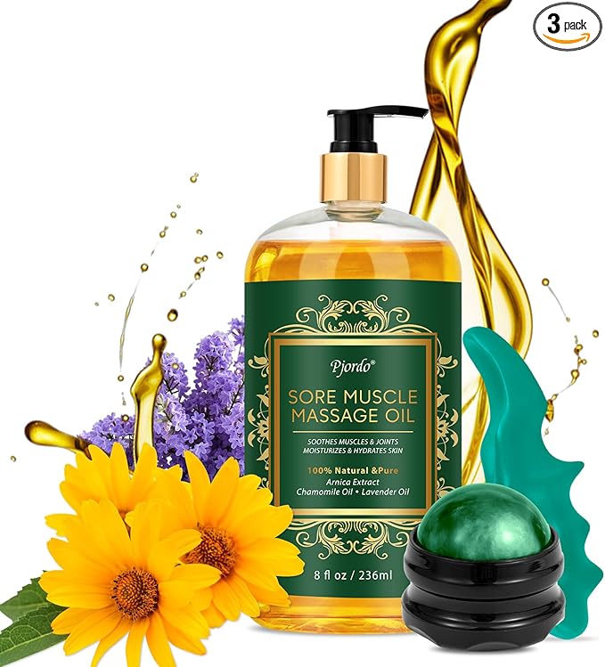 Sore Muscle Massage Oil for Massage Therapy, with Massage Roller Ball & Thumb Saver Massager, Body Massage Oil for Muscle Relaxing, Soothes Joints & Muscles with Arnica, Lavender Oil(8 Fl Oz)
