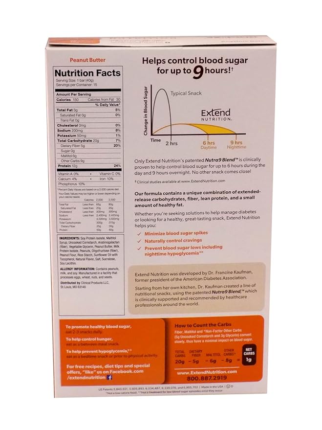 Extend Sugar Free Protein Bars, Perfect Diabetic Snacks, High Protein and Fiber, Hunger Control & Steady Energy, Low Carb, Keto Friendly (Peanut Butter)