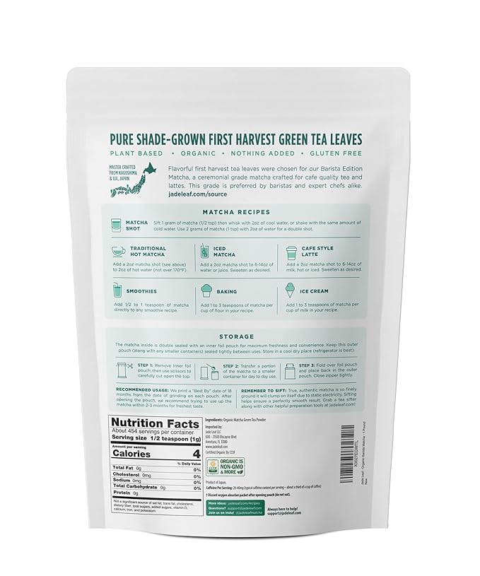 Jade Leaf Matcha Organic Ceremonial Grade Matcha Green Tea Powder - Authentic Japanese Origin - Barista Edition For Cafe Quality Tea & Lattes (1 Pound Bulk Pouch)