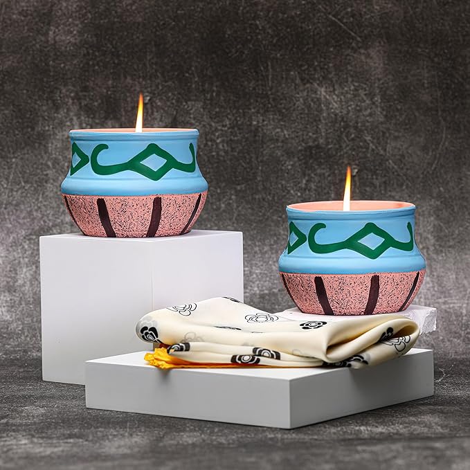 Lavender Candles, Scented Candles Gift Set for Women,Candles for Home Scented，Natural Soy Wax, Artisanal Pottery Jar,Set 2 Pack, Total 16oz, 90 Hours of Burn, One Silk Scarf