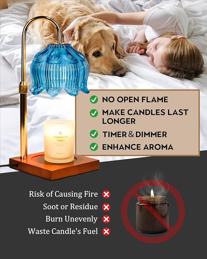 Candle Warmer Lamp with Timer Dimmable, Height Adjustable Birthday Gifts for Women Mom House Warming, Home Decor, Lotus Flower Candle Lamp Warmer 2 Bulbs Inc (Blue)