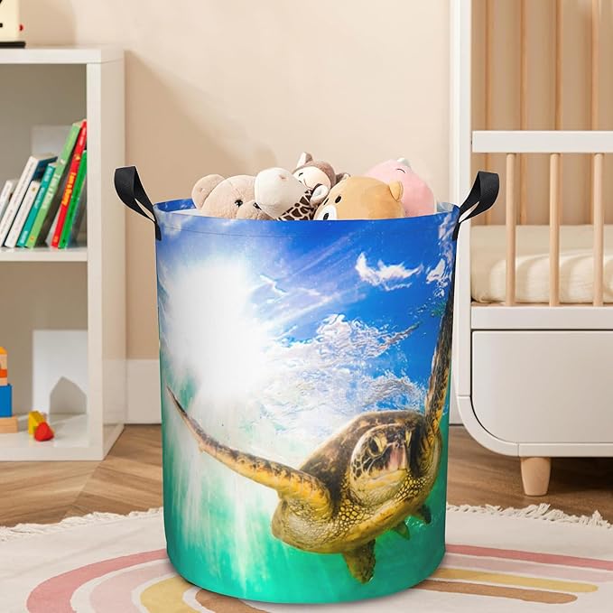 Hawaiian Green Sea Turtle Laundry Basket Foldable Laundry Hamper Waterproof Oxford Cloth Large Laundry Basket Clothes Storage Bucket Toy Organizer For Bathroom,Laundry,College 17.3 x16.5 Inch