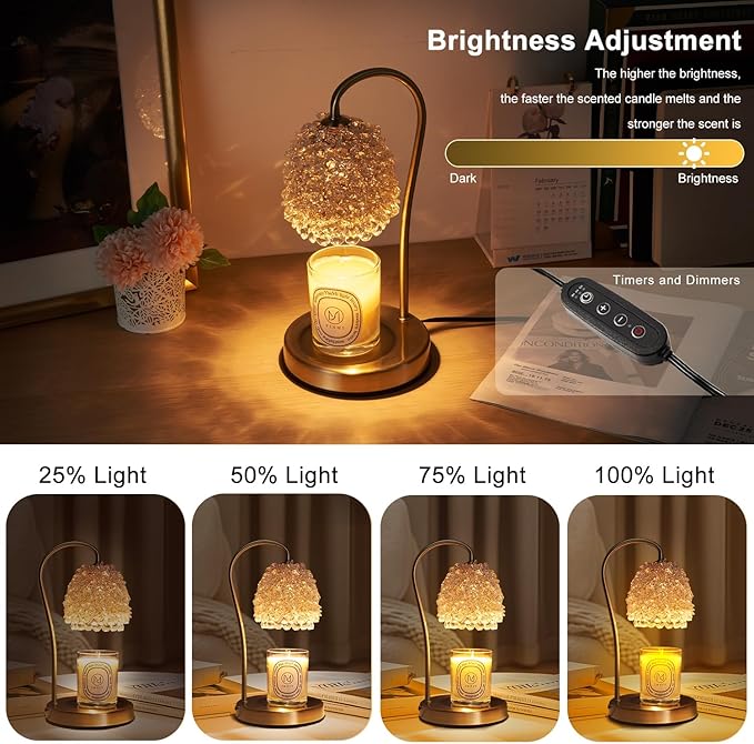 Candle Warmer Lamp with Timer Adjustable - Height Candle Warmer, Dimmer, Crystals Lampshade, Wax Melting Lamps for Home Decor, for Candles in Jars with 2 Bulbs