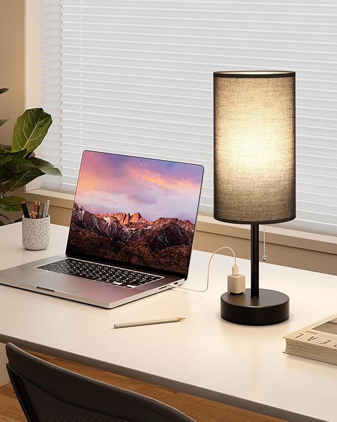 Fenmzee Large Black Bedside Lamps Set of 2-3 Color Temperatures Pull Chain Lamp with AC Outlet Charging Port, Two Round Night Stand Lamps for Bedroom Guest Room Office, Bed Side Light