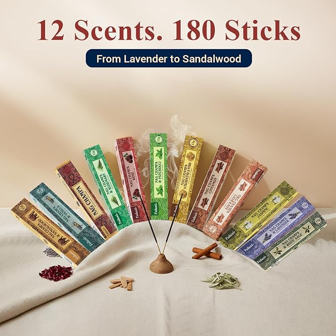 Nag Champa Incense Sticks with Natural Oils, Assorted Incense Set of 12 Scents - Lavender, Rose, Sandalwood, Vanilla, White Sage, Cinnamon, Rosemary, Positive Aroma for Meditation, Yoga Thanks Giving