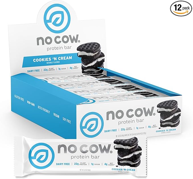 No Cow High Protein Bars, Cookies 'N Cream - Healthy Snacks, 20g Vegan Protein, High Fiber, Low Sugar, Keto Friendly, Dairy & Gluten Free (12 Count)