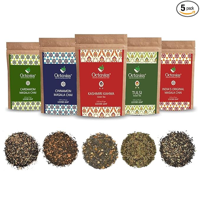Octavius Assorted 5 Loose Leaf Tea Samplers | Indian Masala Chai |Cardamom Chai |Cinnamon Chai|Kashmiri Kahwa|Tulsi Green Tea|Perfect For Chai Lovers & Green Tea Lovers|25 cups (5 packs of 10gm each)