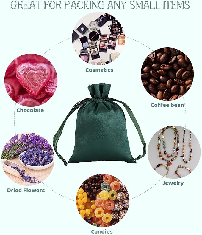 Green Small Satin Gift Bags, 30Pcs 3x4 with Drawstring, For Kids Classroom, Wedding, Birthday, or Halloween Party Favors, Jewelry, Bracelets, Earrings, Crystal, for Small Business