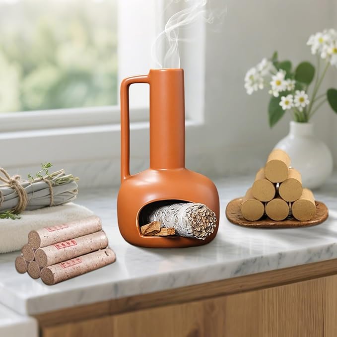 Simcat Handmade Ceramic Holder Incense Burner for Palo Santo Sticks Sage Bundles Candlestick, Suitable for Yoga Meditation Room Home Decor (Yellow)