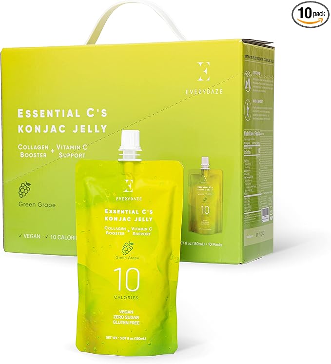 EVERYDAZE Essential C’s Konjac Jelly | Green Grape | Vegan Collagen Peptides and Vitamin C | Gluten Free, Sugar Free, Low Calorie | Healthy Drinkable Fruit Snack | 10 Pack Box Food Drink Pouch