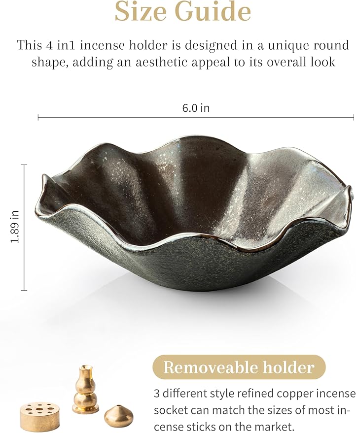 6 Inch Incense Holder with 3 Copper Incense Sockets Lotus Incense Holder for Sticks Modern Insence-Stick Holder for Meditation, Yoga, SPA, Home Decor, Black