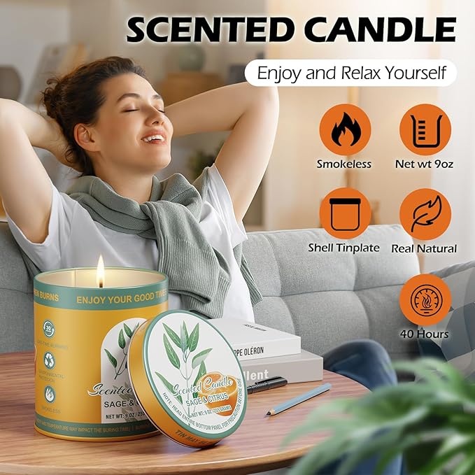 Sage&Citrus Scented Candles Gift Set | 2Pack 18oz 8% Essential Oils 80H Burn | Pure Soy Wax for Aromatherapy Tin Jar Candle | Meditation, Yoga,Smokeless, Relaxation&Sleep Aid Gift Set for Men&Women