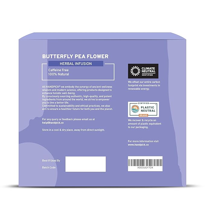 HANDPICK, Butterfly Pea Flower Tea (100 Herbal Tea Bags) | Caffeine Free, Non GMO | Premium Dried Butterfly Pea Flowers For Blue & Purple Drinks, Food Coloring | Iced Teas, Coolers, Cocktails