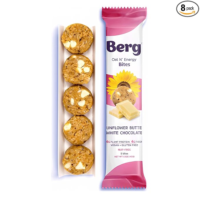 Berg Energy Bites Sunflower Butter & White Chocolate – Plant‑Based Protein Snack with 16 g Protein & 1 g Sugar – Vegan, Gluten‑Free, Low Sugar, High Fiber, Non‑GMO Prebiotic Bites – 1.5 oz (8 Pack)