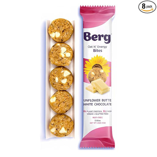 Berg Energy Bites Sunflower Butter & White Chocolate – Plant‑Based Protein Snack with 16 g Protein & 1 g Sugar – Vegan, Gluten‑Free, Low Sugar, High Fiber, Non‑GMO Prebiotic Bites – 1.5 oz (8 Pack)