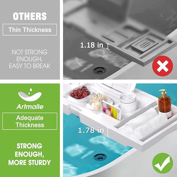 Artmalle Bathtub Caddy Tray - Expandable and Foldable Bath Tray for Tub, Luxury Bamboo Bath Caddy Tub Table, Bathtub Accessories with Book Holder and Free Soap Dish, White